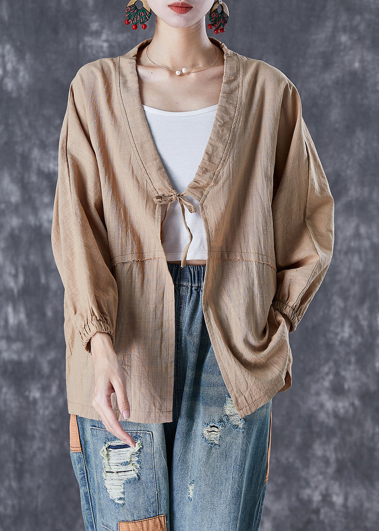 Khaki Linen Cardigan Oversized Lace Up Fall