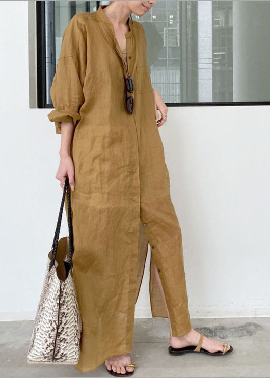 Khaki Linen Long Dresses Stand Collar Oversized Spring