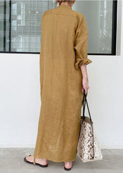 Khaki Linen Long Dresses Stand Collar Oversized Spring