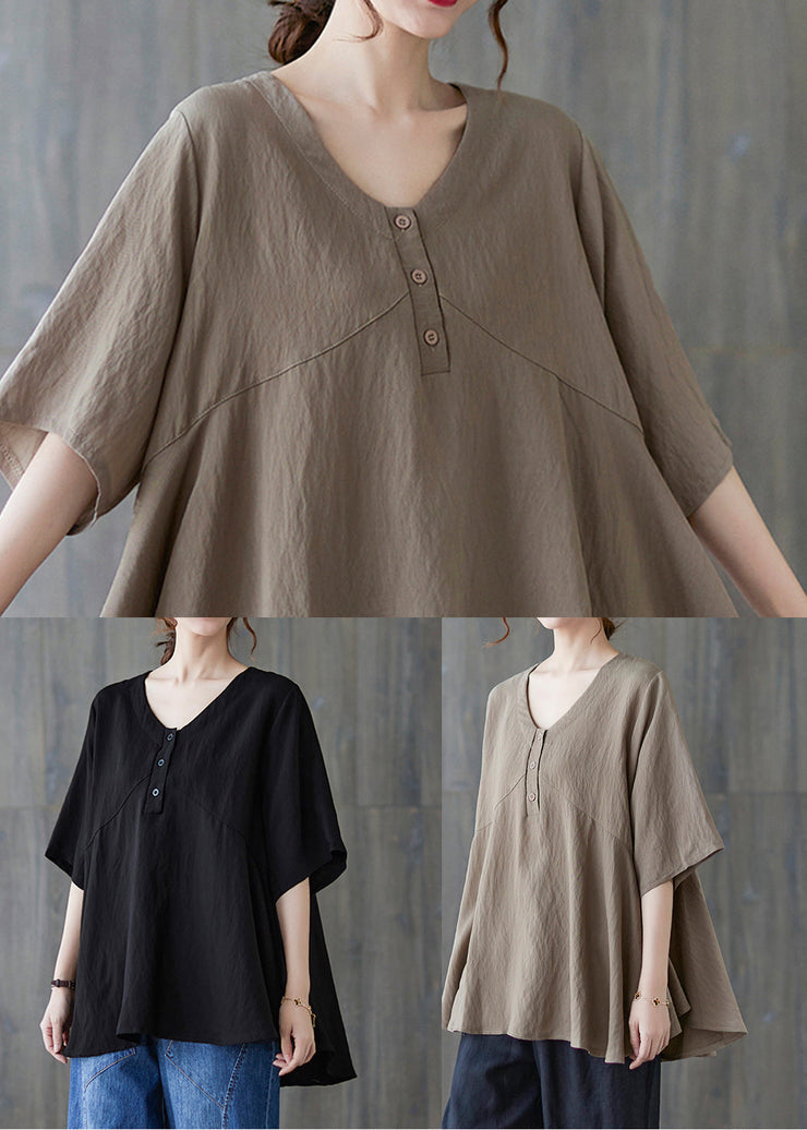 Khaki Loose Cotton Shirts V Neck Exra Large Hem Summer