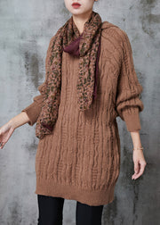 Khaki Loose Knit Sweatshirt Dress Hooded Winter