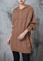 Khaki Loose Knit Sweatshirt Dress Hooded Winter