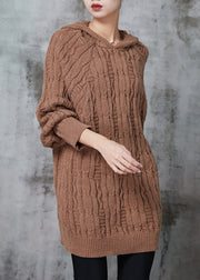 Khaki Loose Knit Sweatshirt Dress Hooded Winter