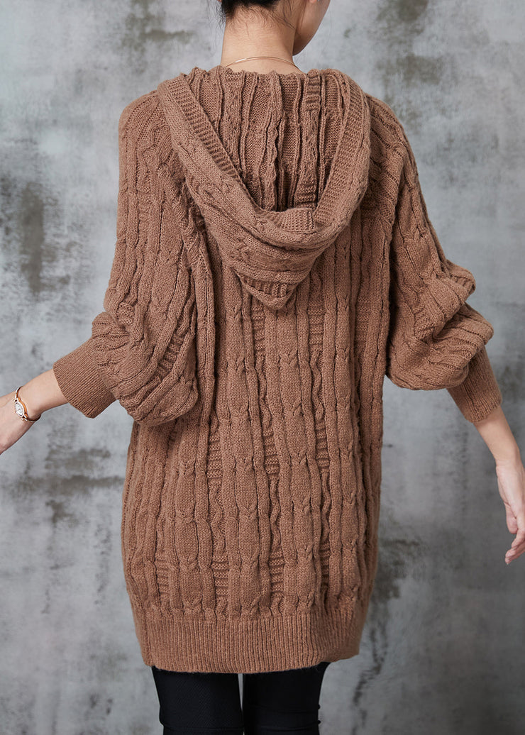 Khaki Loose Knit Sweatshirt Dress Hooded Winter