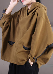 Khaki Low High Design Cotton Hooded Coat Long Sleeve