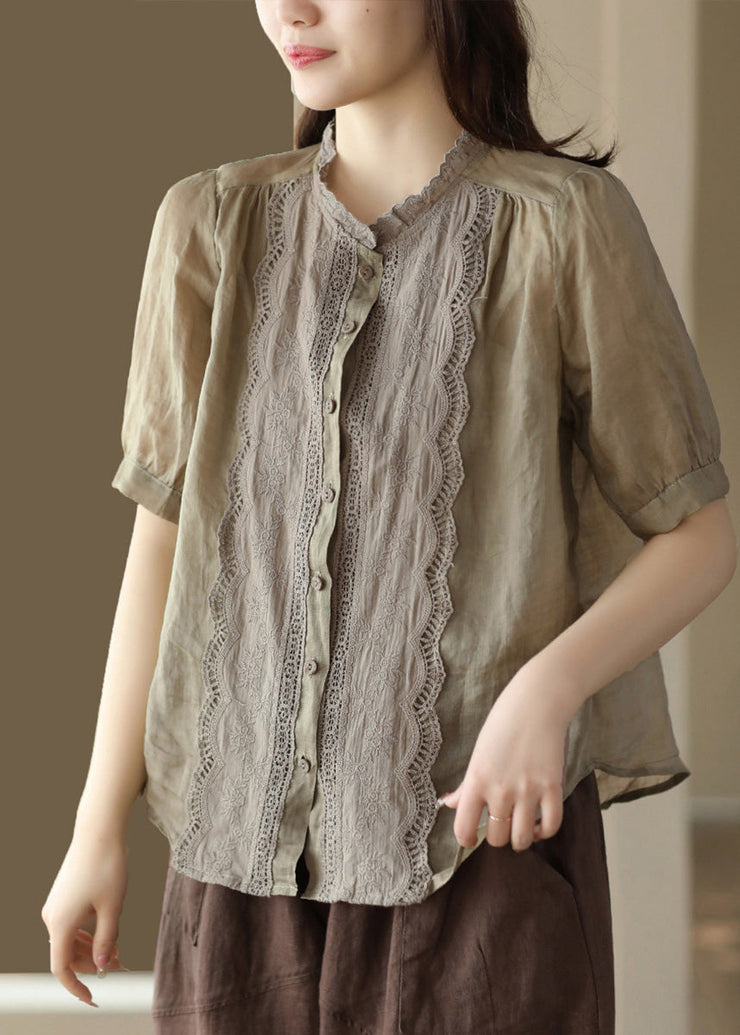 Khaki O-Neck Embroidered Ramie Shirt Summer