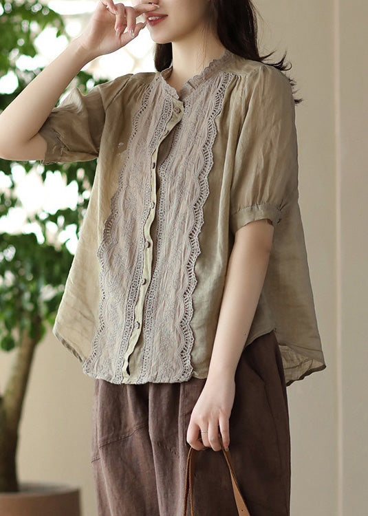 Khaki O-Neck Embroideried Ramie Shirt Summer