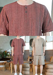 Khaki O-Neck Pockets Mens T Shirt And Shorts Two Pieces Set Short Sleeve