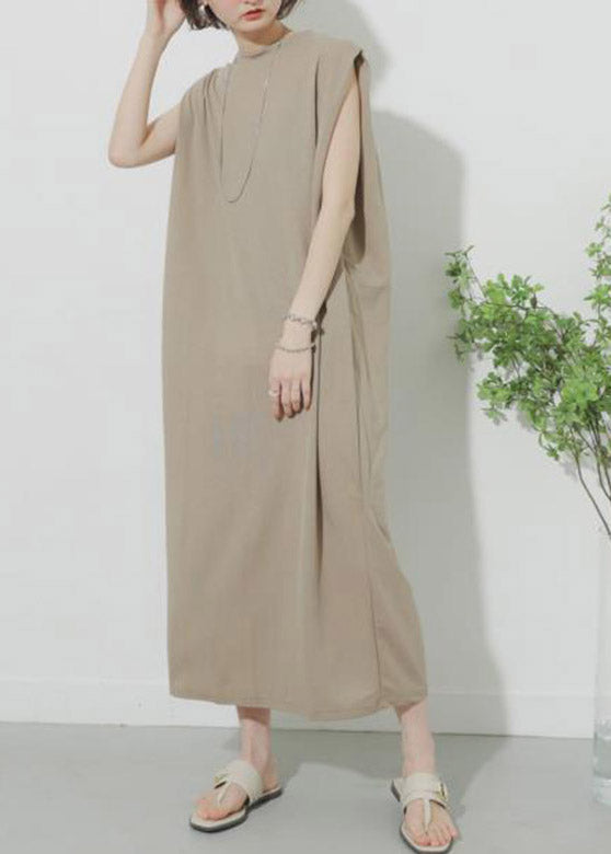 Khaki O-Neck Solid Maxi Dress Summer