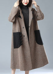 Khaki Oriental Woolen Trench Oversized Hooded Pockets Winter