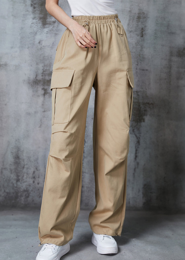 Khaki Oversized Cotton Pants Drawstring Pockets Summer