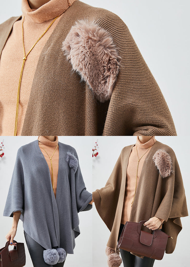 Khaki Oversized Knit Cardigan Fuzzy Ball Decorated Cloak Sleeves