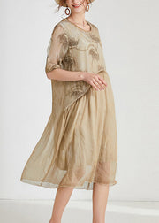 Khaki Patchwork Chiffon Long Dresses O Neck Short Sleeve