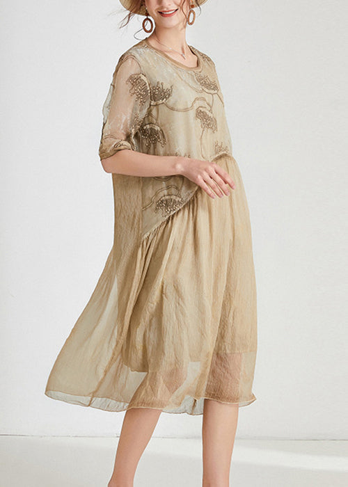 Khaki Patchwork Chiffon Long Dresses O Neck Short Sleeve