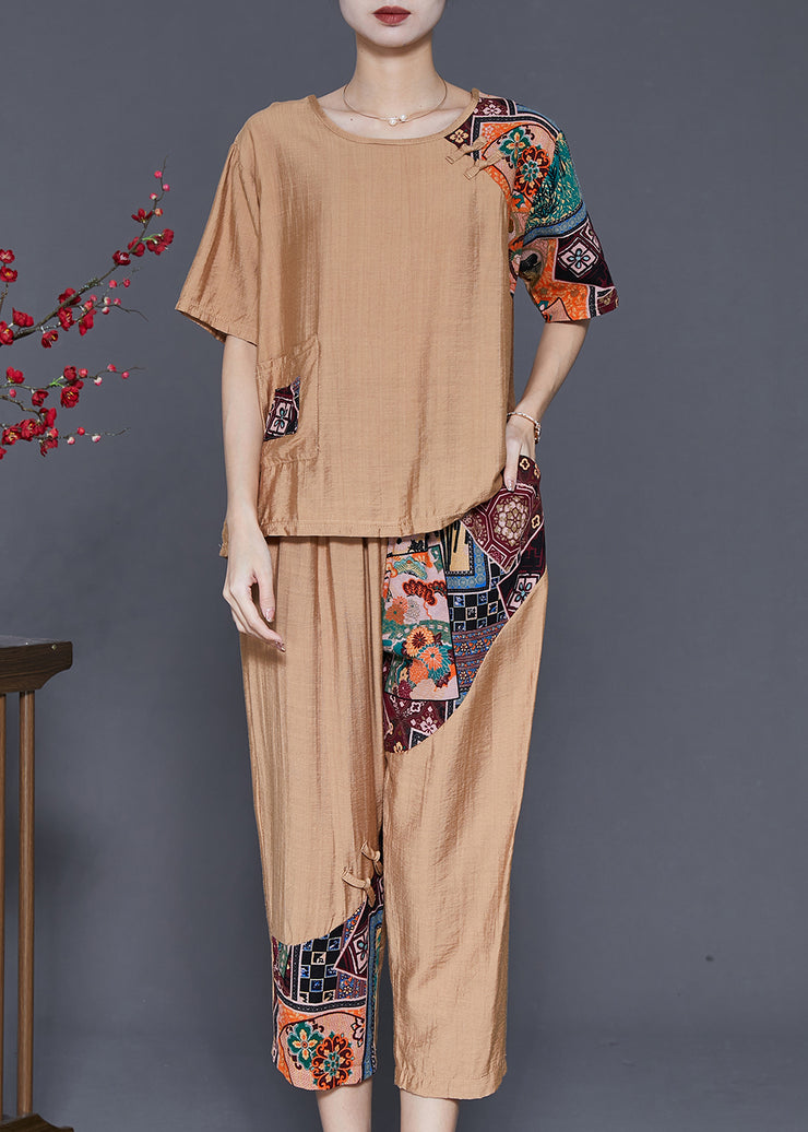 Khaki Patchwork Cotton 2 Piece Outfit Asymmetrical Summer