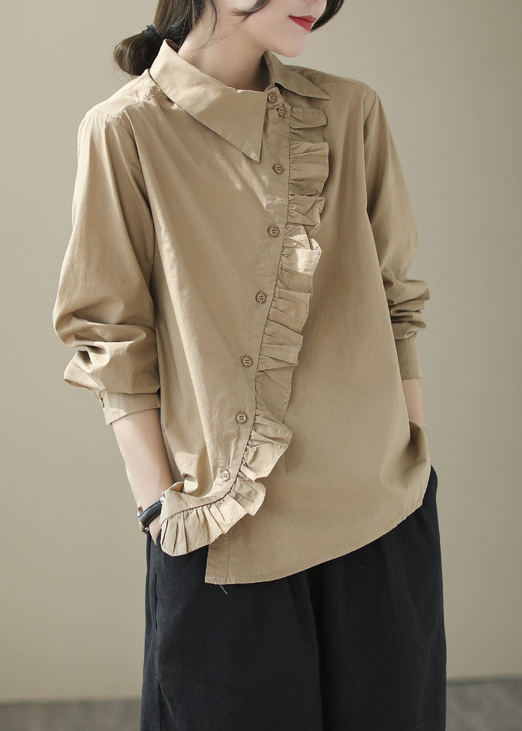 Khaki Patchwork Cotton Blouse Top Ruffled Long Sleeve