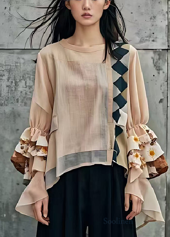 Khaki Patchwork Cotton Blouse Tops Low High Design Butterfly Sleeve