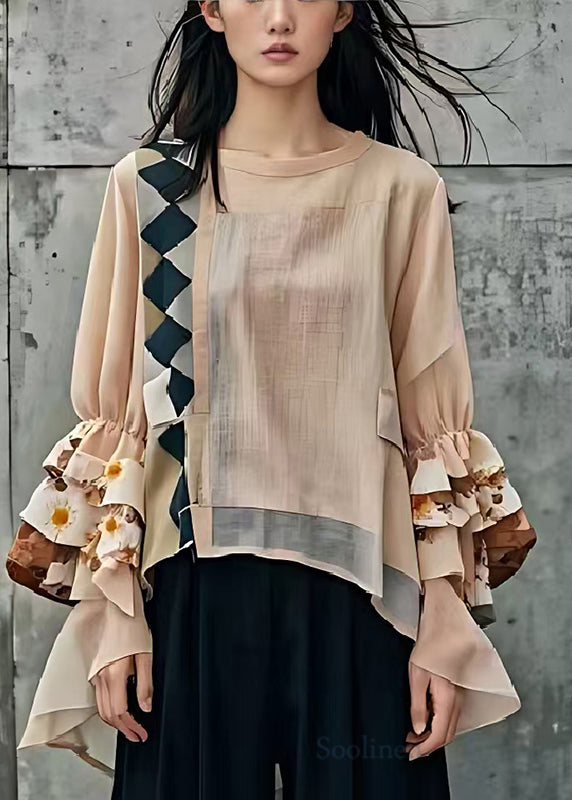 Khaki Patchwork Cotton Blouse Tops Low High Design Butterfly Sleeve
