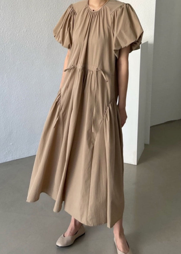 Khaki Patchwork Cotton Dresses Wrinkled Puff Sleeve