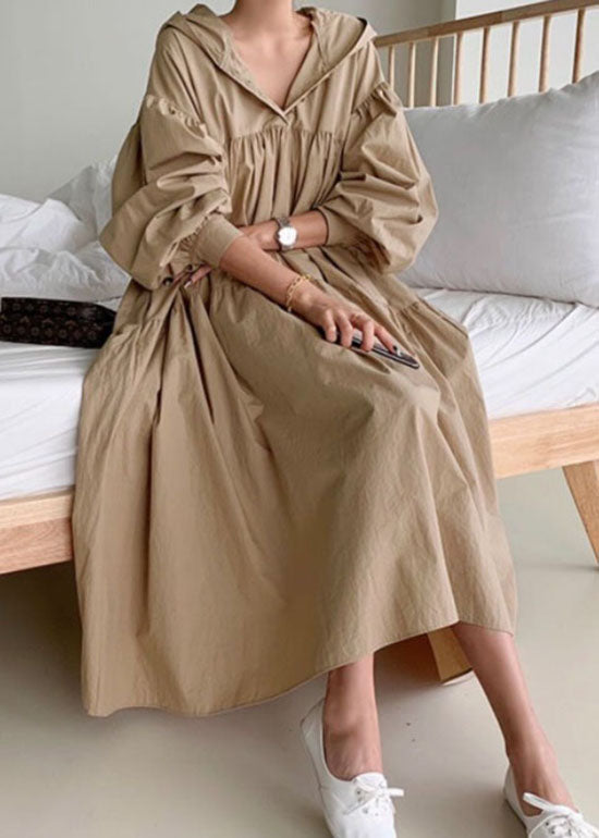 Khaki Patchwork Cotton Long Dresses Wrinkled Puff Sleeve