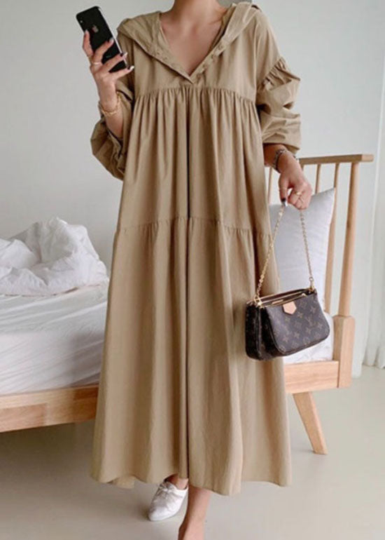 Khaki Patchwork Cotton Long Dresses Wrinkled Puff Sleeve