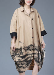 Khaki Patchwork Cotton Long Trench Coat Peter Pan Collar Print Button Bracelet Sleeve