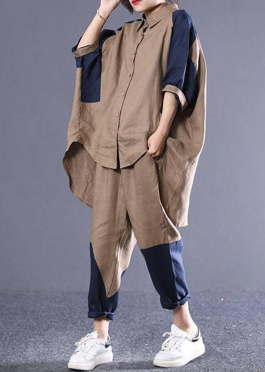 Khaki Patchwork Cotton Loose Two Pieces Set Low High Design Batwing Sleeve