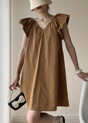 Khaki Patchwork Cotton Mid Dresses V Neck Wrinkled Summer