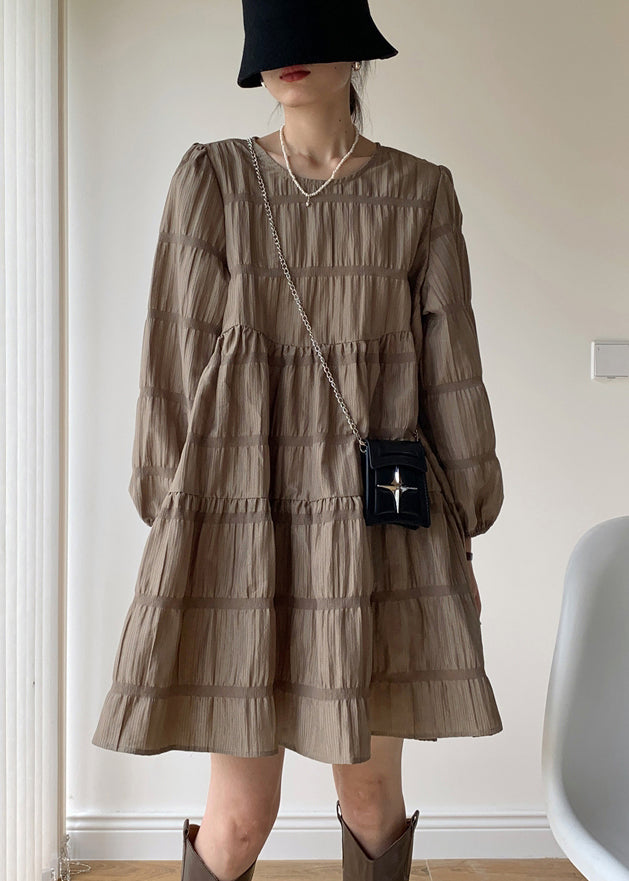 Khaki Patchwork Cotton Mid Dresses Wrinkled O Neck Fall