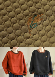 Khaki Patchwork Cotton Pullover Sweatshirt Embroidered O Neck Fall