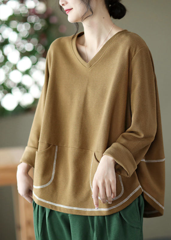 Khaki Patchwork Cotton Pullover Sweatshirt Pockets Waffle Long Sleeve