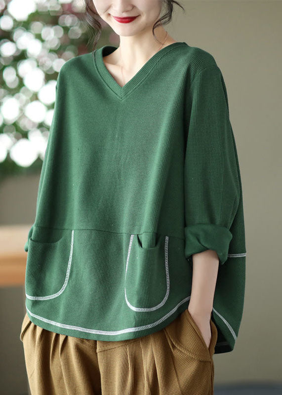 Khaki Patchwork Cotton Pullover Sweatshirt Pockets Waffle Long Sleeve