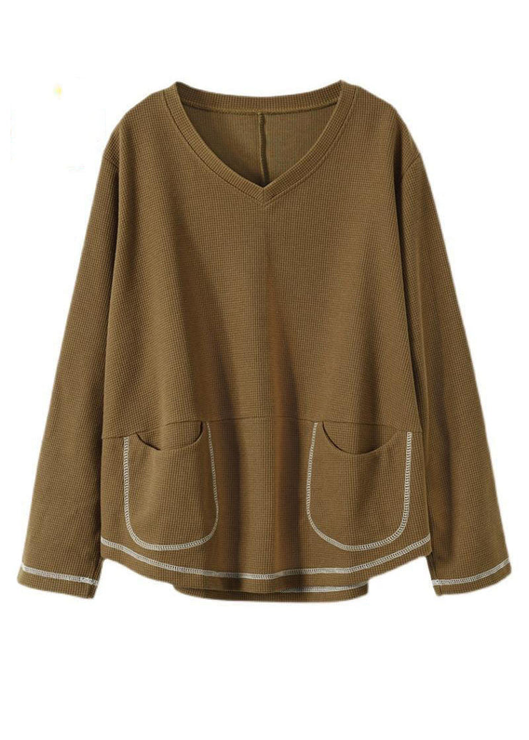 Khaki Patchwork Cotton Pullover Sweatshirt Pockets Waffle Long Sleeve