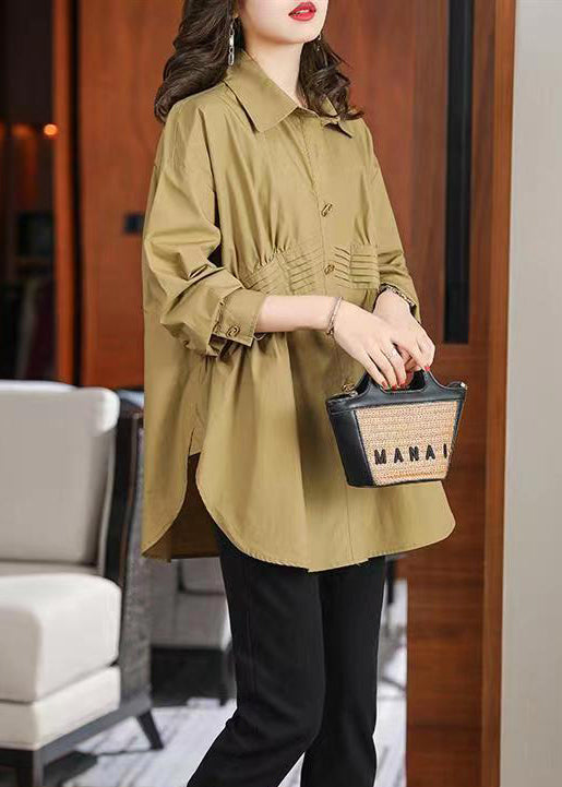 Khaki Patchwork Cotton Shirt Top Peter Pan Collar Button Fall