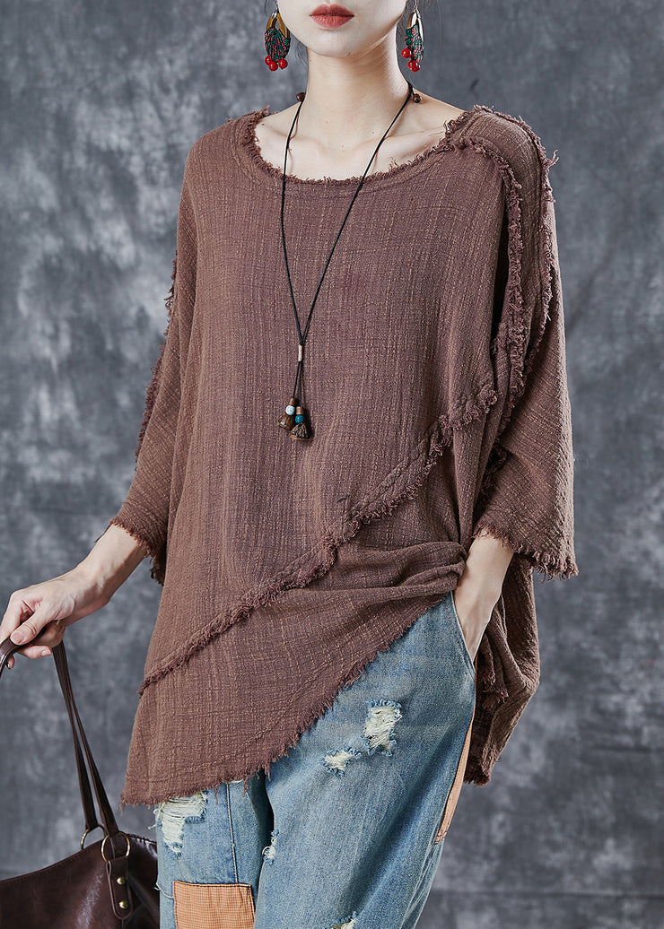 Khaki Patchwork Cotton Sweatshirt Top Asymmetrical Spring