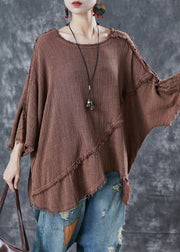 Khaki Patchwork Cotton Sweatshirt Top Asymmetrical Spring