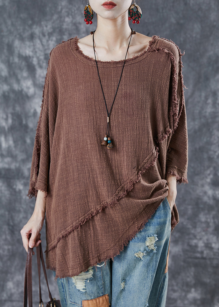 Khaki Patchwork Cotton Sweatshirt Top Asymmetrical Spring