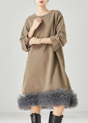 Khaki Patchwork Cotton Sweatshirts Dress Oversized Ruffled Spring