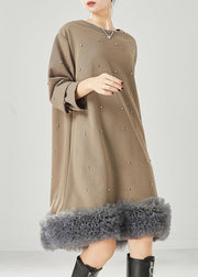 Khaki Patchwork Cotton Sweatshirts Dress Oversized Ruffled Spring