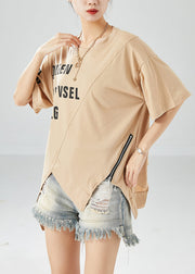 Khaki Patchwork Cotton Tank Asymmetrical Zippered Summer