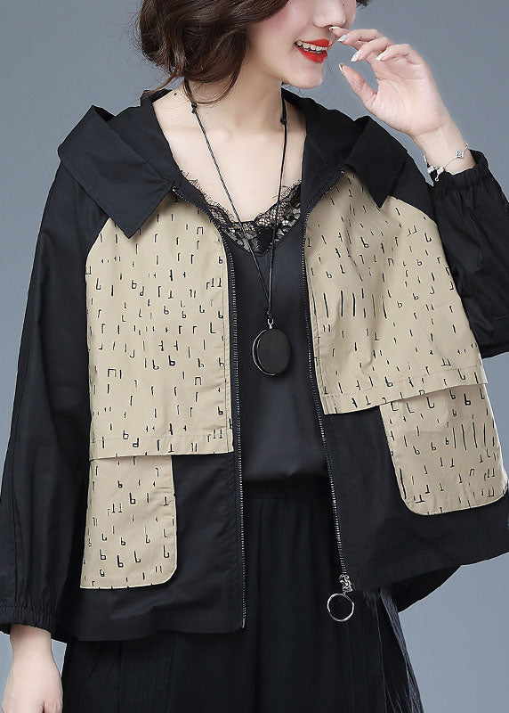 Khaki Patchwork Cotton Tops Coat Hooded Zippered Print Long Sleeve