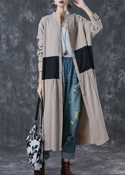 Khaki Patchwork Cotton Trench Coats Stand Collar Spring