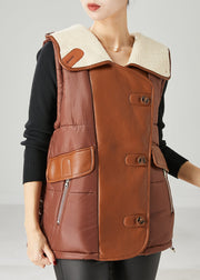 Khaki Patchwork Faux Leather Fine Cotton Filled Vests Oversized Spring