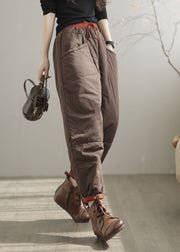 Khaki Patchwork Fine Cotton Filled Pants Elastic Waist Oversized Drawstring Winter