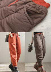 Khaki Patchwork Fine Cotton Filled Pants Elastic Waist Oversized Drawstring Winter