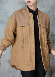 Khaki Patchwork Knit Fine Cotton Filled Jackets Stand Collar Spring