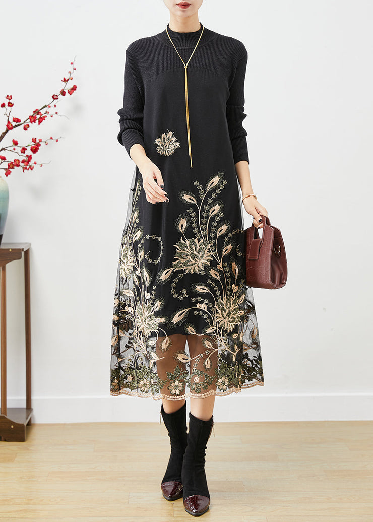 Khaki Patchwork Knit Holiday Dresses Embroideried Fall