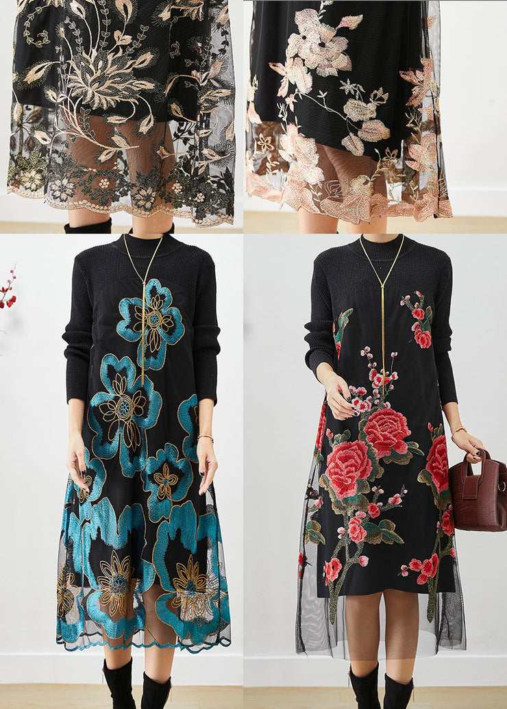 Khaki Patchwork Knit Holiday Dresses Embroideried Fall