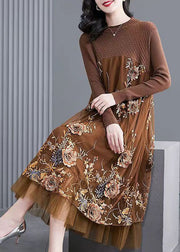 Khaki Patchwork Knit Party Dress Embroidered Spring