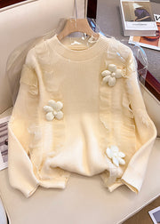 Khaki Patchwork Knit Short Sweater Three Dimensional Flowers Spring